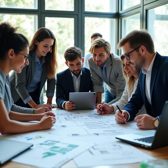 Diverse team of environmental consultants reviewing blueprints in a modern office.